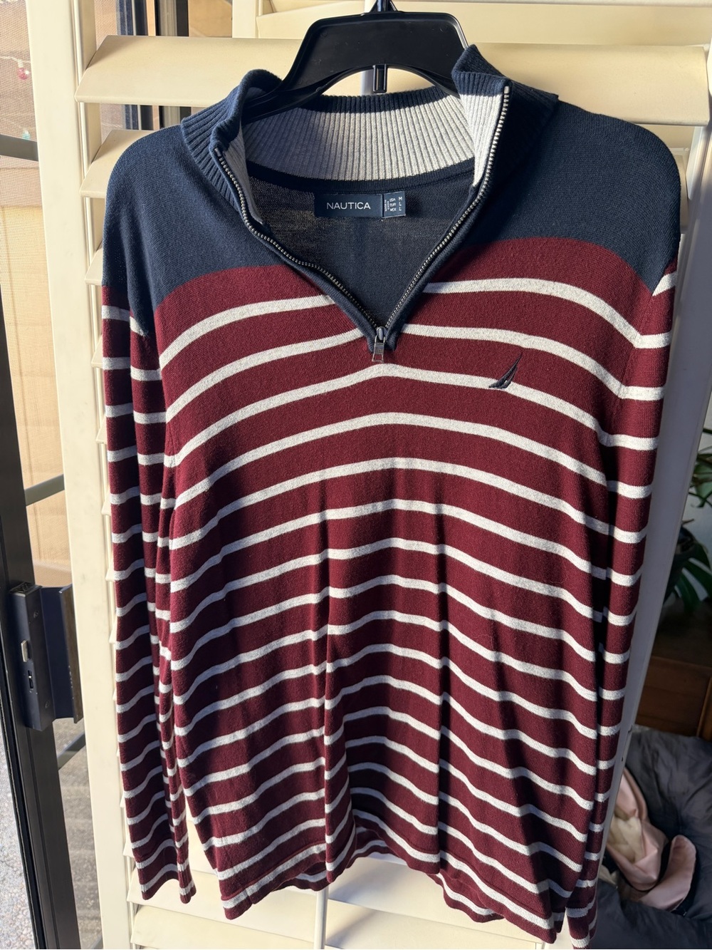 Nautica Men’s Burgundy, Navy & Cream Striped Quarter-Zip Pullover